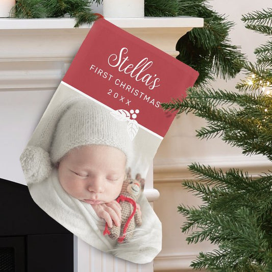 Modern First Christmas Photo Personalized Small Christmas Stocking