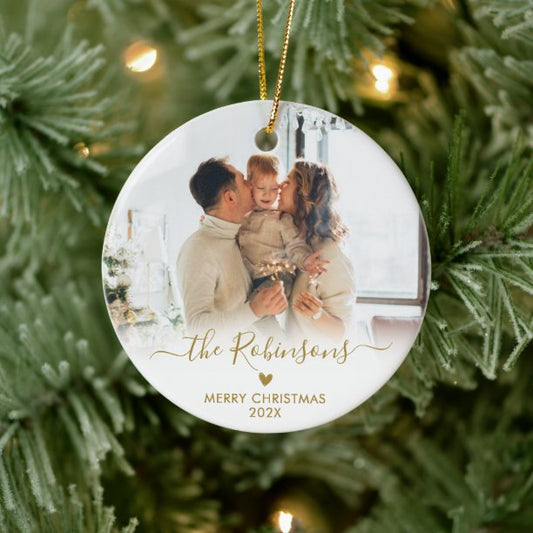 Modern Gold Script Family Photo Merry Christmas Ceramic Ornament