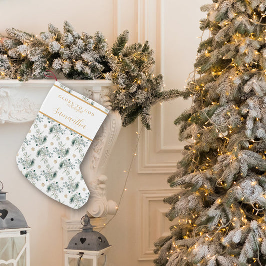 Modern Gold & Winter Greenery Religious Christmas Small Christmas Stocking
