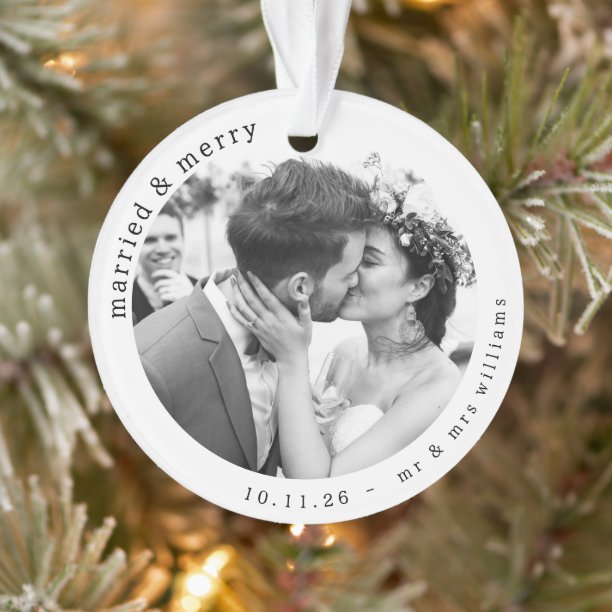 Modern Married & Merry Photo Names Christmas Ornament