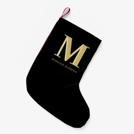 Modern monogram name bold typography gold black small christmas stocking