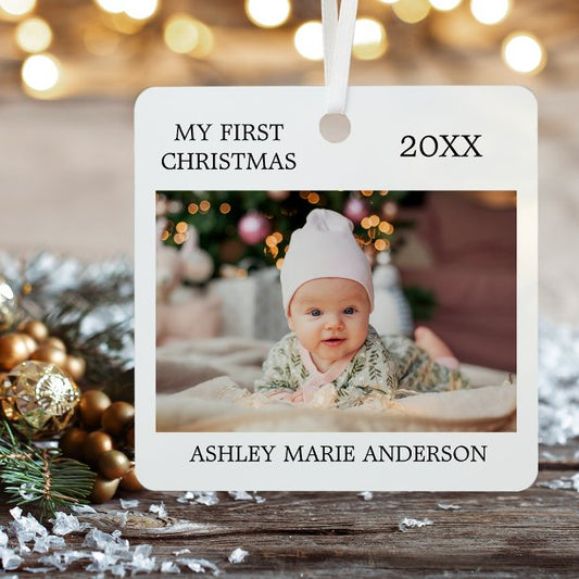 Modern My First Christmas Baby Photo Metal Ornament