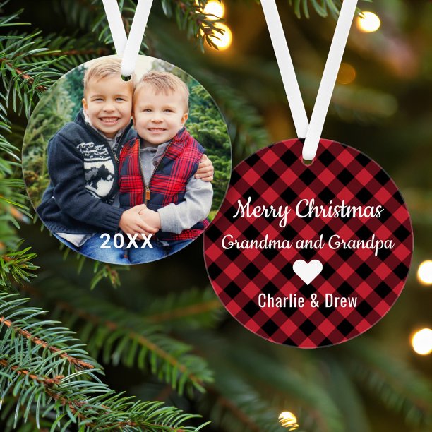 Modern Red Buffalo Plaid Grandparents Photo Ornament