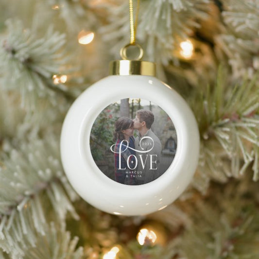 Modern Script Love Custom Engaged Couples Photo Ceramic Ball Christmas Ornament