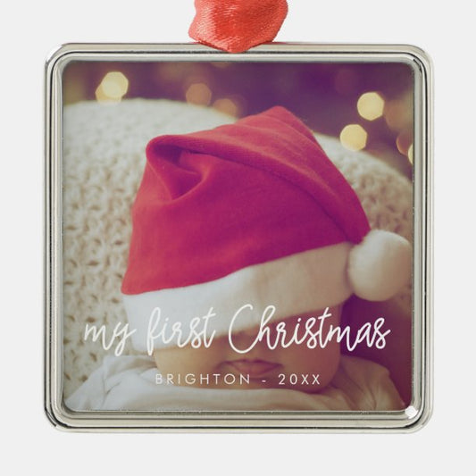 Modern script My First Christmas baby photo Metal Ornament