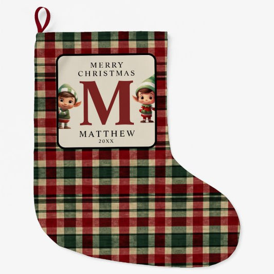 Monogram Christmas Elf Photo Large Christmas Stocking