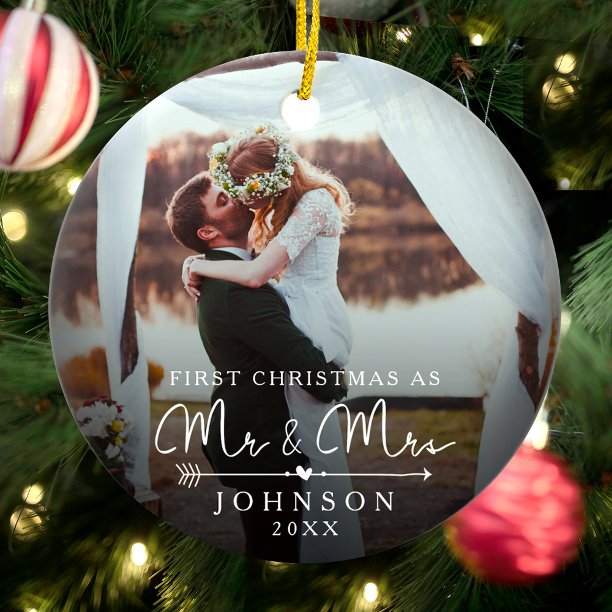 Mr and Mrs First Married Christmas Custom Photo Ceramic Ornament