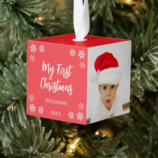 My First Christmas 3 Baby Photos Red White Script Cube Ornament
