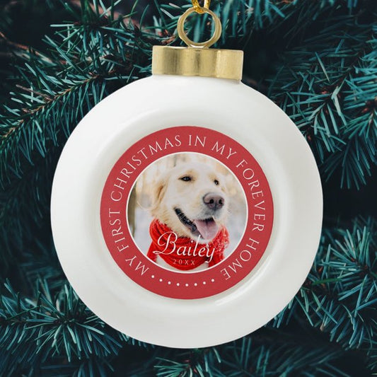 My First Christmas Forever Home Modern Pet Photo Ceramic Ball Christmas Ornament
