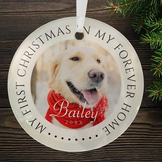 My First Christmas Forever Home Modern Pet Photo Glass Ornament