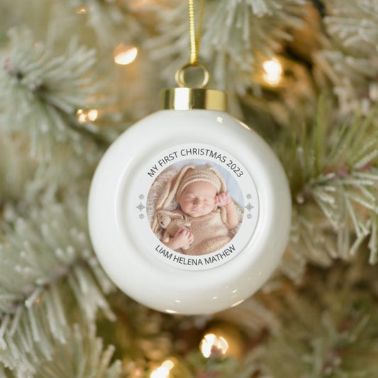 My First Christmas Personalized Elegant Baby Photo Ceramic Ball Christmas Ornament