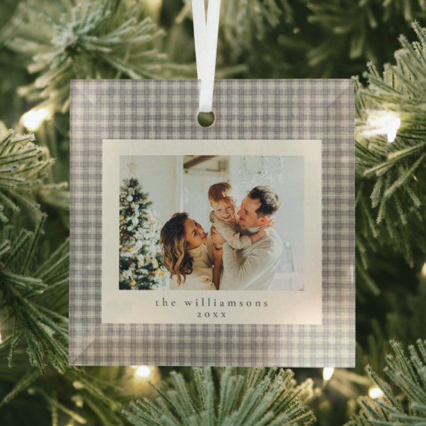 Neutral Gingham Family Photo Keepsake Christmas Glass Ornament