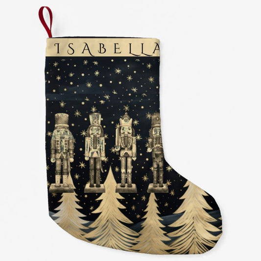 Nutcracker and Golden Christmas Trees with Stars Small Christmas Stocking
