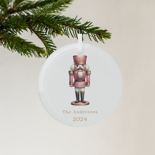 Nutcracker pink white minimalist Christmas Glass Ornament