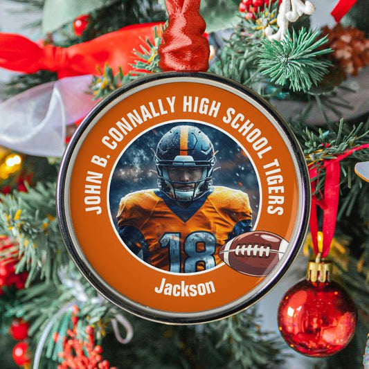 Orange High School Football Player Photo Christmas Metal Ornament