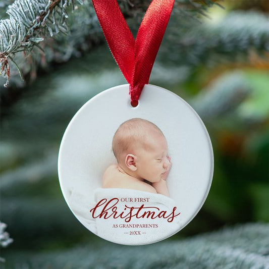 Our First Christmas As Grandparents Red Script Ornament
