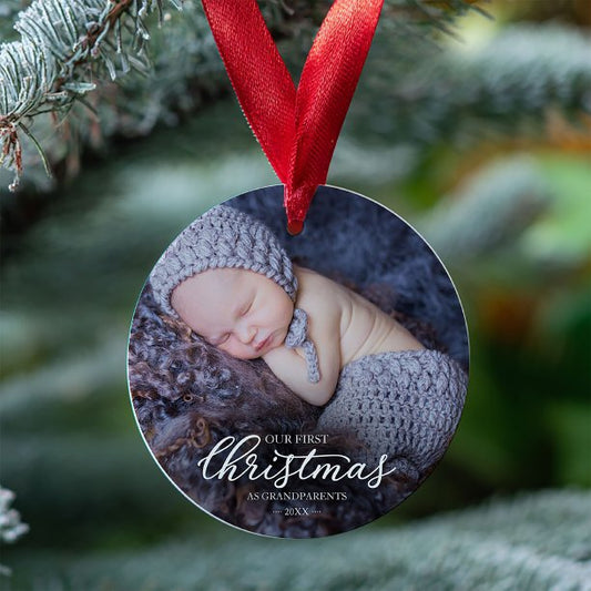 Our First Christmas As Grandparents White Script Ornament