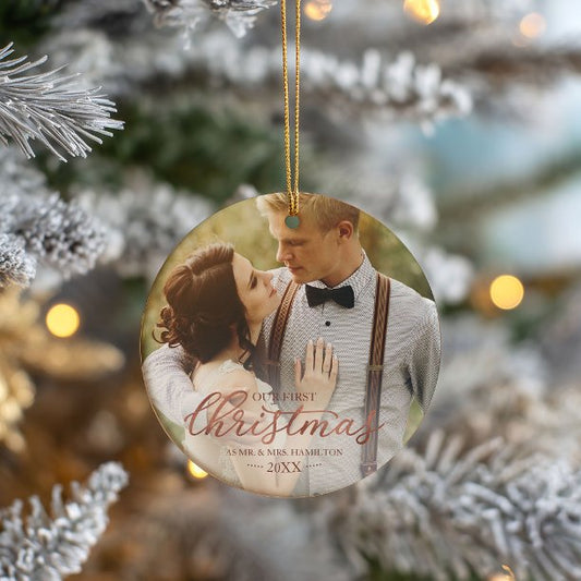 Our First Christmas As Mr And Mrs Rose Gold Foil Ceramic Ornament