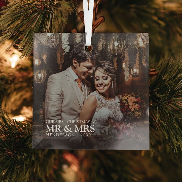 Our First Christmas as Mr & Mrs Photo Stylish Glass Ornament