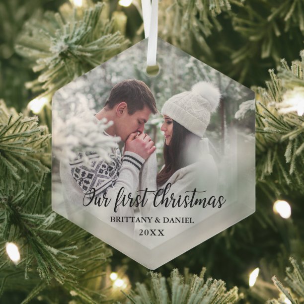 Our First Christmas Couple Photo Glass Ornament