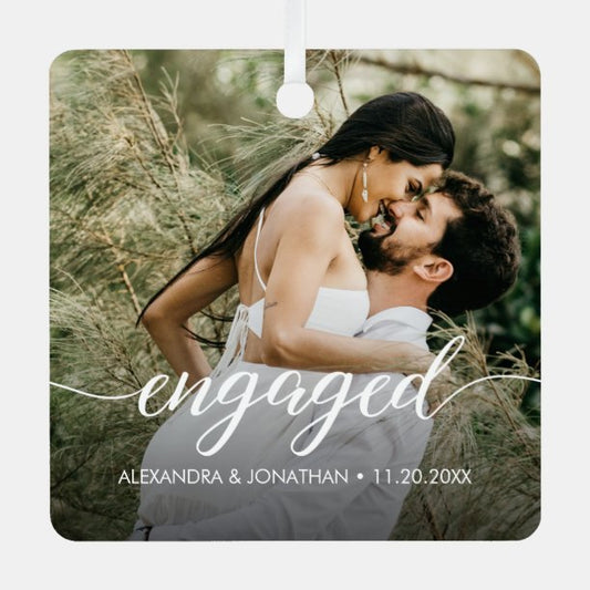 Our first Christmas Engaged Custom Photo Names Metal Ornament