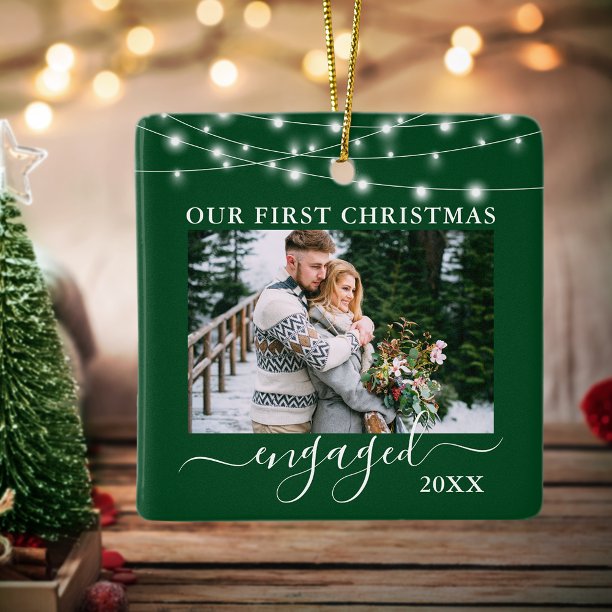 Our First Christmas Engaged Lights Photo Green Ceramic Ornament