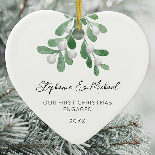 Our First Christmas Engaged Mistletoe Heart Ceramic Ornament