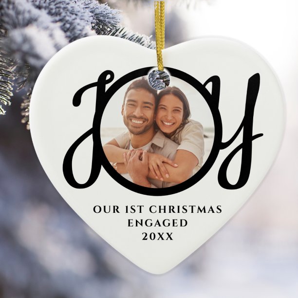 Our First Christmas Engaged Photo Heart-Shaped Ceramic Ornament
