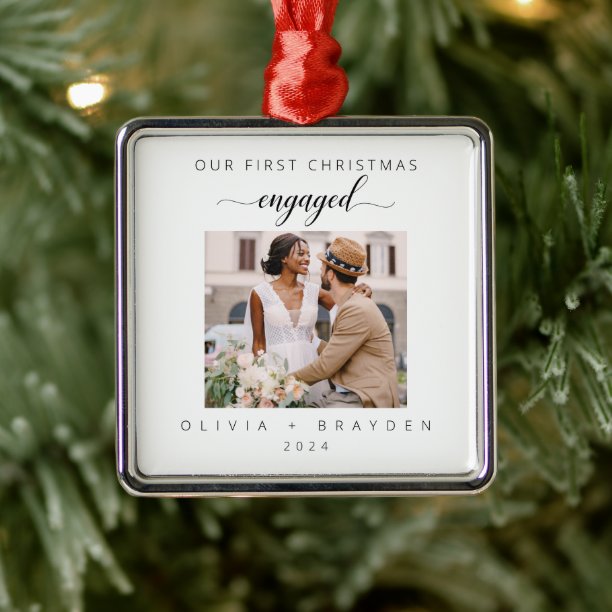 Our First Christmas Engaged Photo Minimalist Metal Ornament