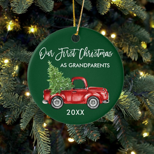 Our First Christmas Grandparents Truck Green Ceramic Ornament