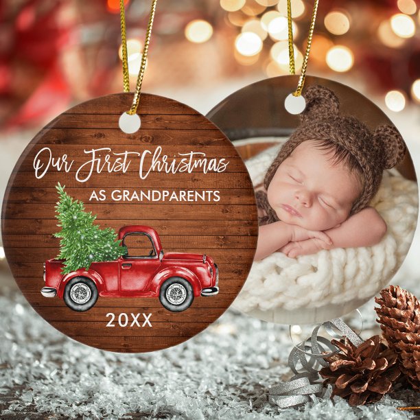 Our First Christmas Grandparents Wood Truck PHOTO Ceramic Ornament