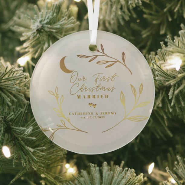 Our First Christmas Married Botanical Script Glass Ornament