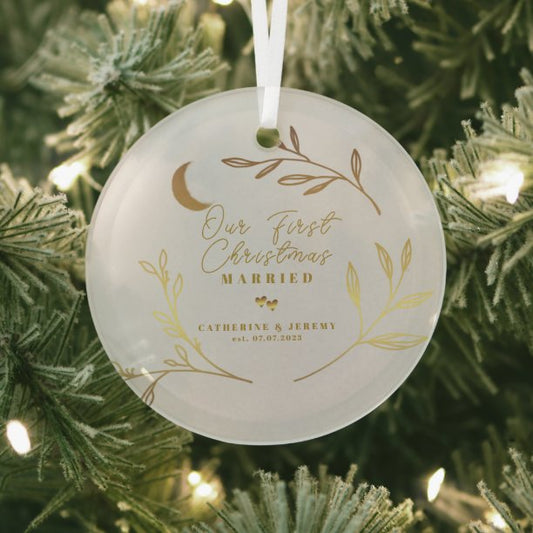 Our First Christmas Married Botanical Script Glass Ornament