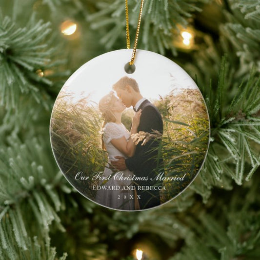 Our First Christmas Married Photo Elegant Newlywed Ceramic Ornament