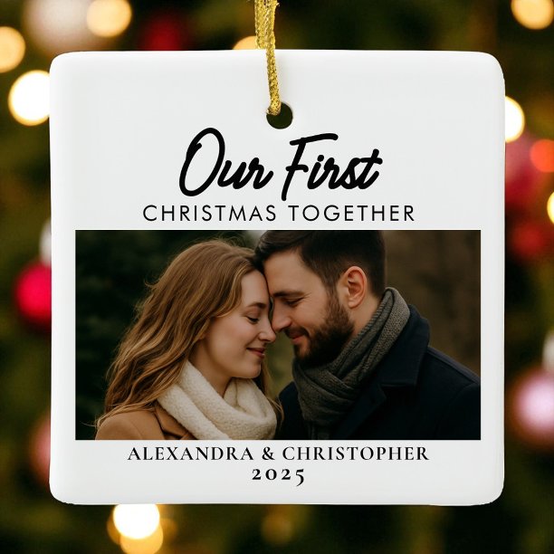 Our First Christmas Together Photo Minimal Modern Ceramic Ornament