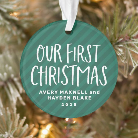 Our first Christmas twin babies green stripe photo Ornament
