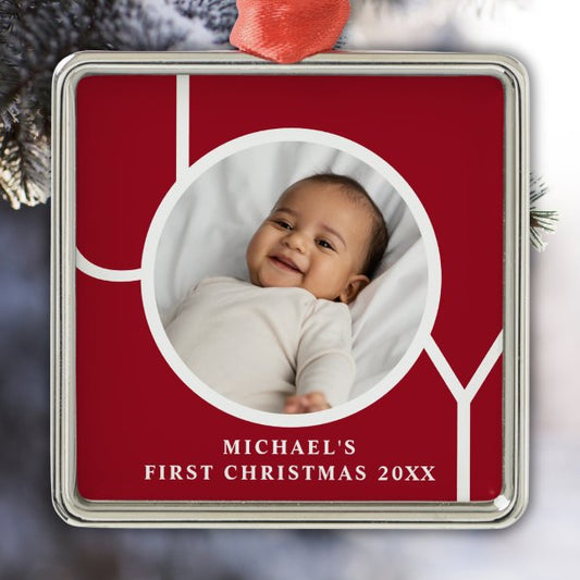 Personalized Baby Boy's First Christmas Photo Red Metal Ornament