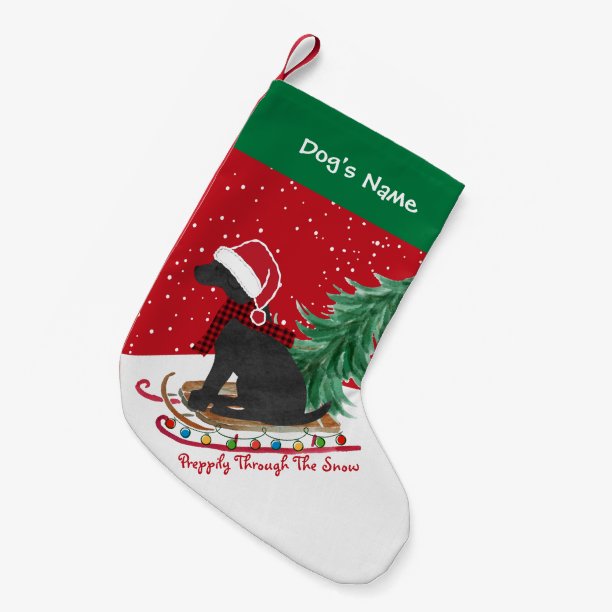Personalized Black Lab Xmas Sled Red Small Christmas Stocking