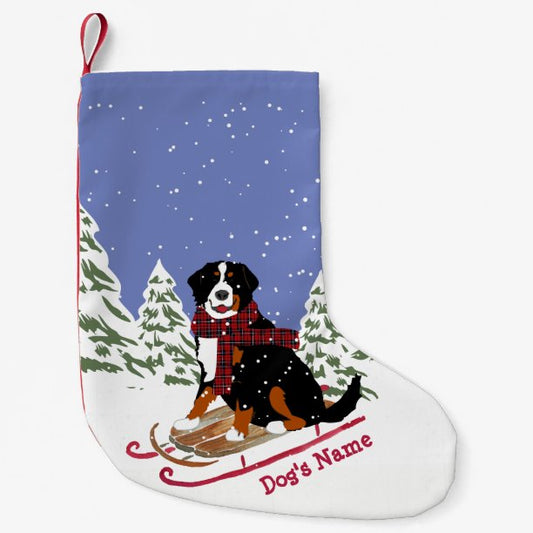 Personalized Christmas Bernese Mt Dog Sledding Small Christmas Stocking