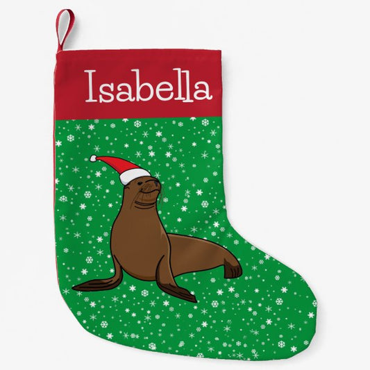 Personalized Cute Sea Lion in a Santa Hat Small Christmas Stocking