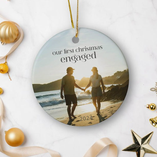 Personalized First Christmas Engaged Couple Photo Ceramic Ornament