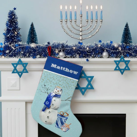 Personalized Hanukkah Blue Snowman Watercolor Small Christmas Stocking