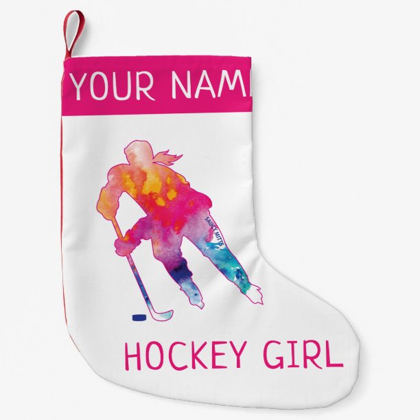 Personalized Hockey Girl Player Watercolor Pink Small Christmas Stocking