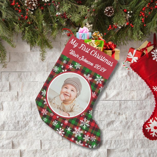 Personalized My First Christmas Photo Plaid Small Christmas Stocking
