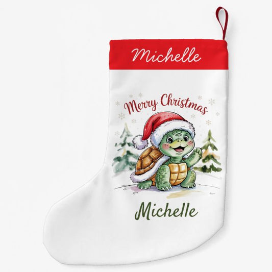 Personalized Name Merry Christmas Turtle in Santa Small Christmas Stocking