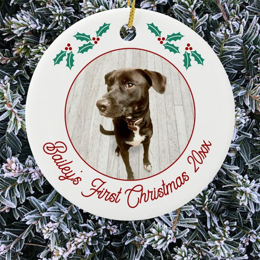 Personalized Pet Puppy Dog First Christmas Photo Ceramic Ornament