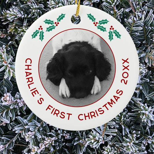 Personalized Pet Puppy Dog First Christmas Photo Ceramic Ornament