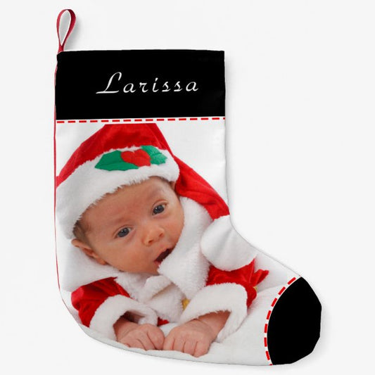 Personalized Photo Name Black Trim Christmas Small Christmas Stocking