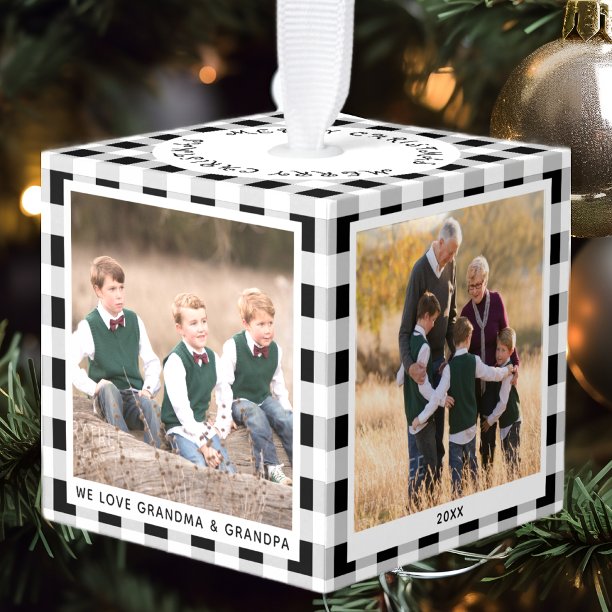 Personalized Plaid 4 Photo Christmas Grandparents Cube Ornament