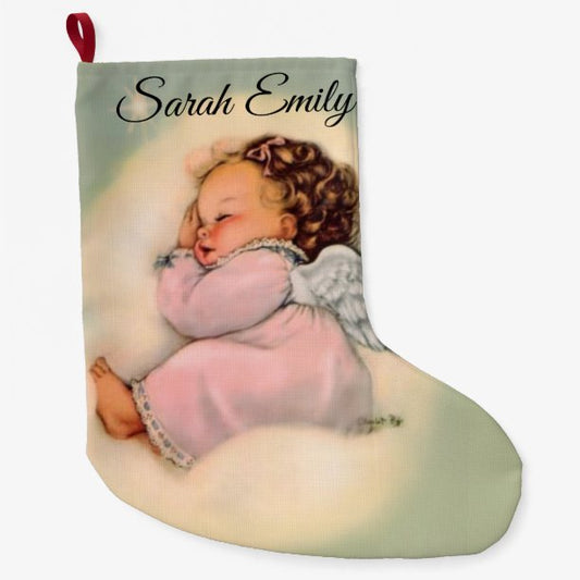 Personalized Vintage Baby Girl Angel Sleeping Large Christmas Stocking